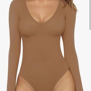 Tan plunge v-neck long sleeve fitted bodysuit